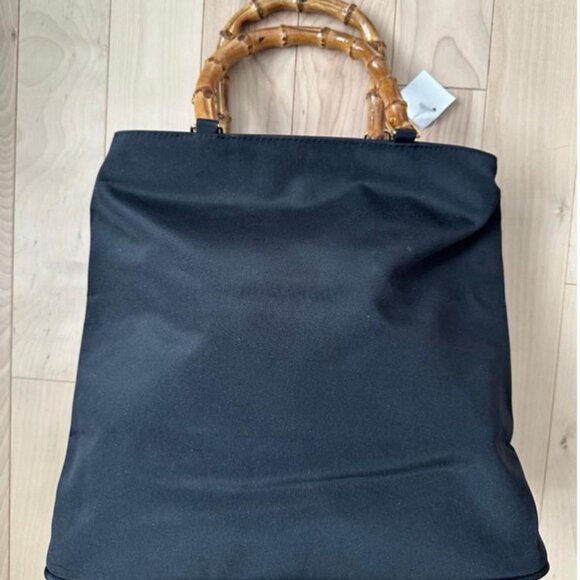 Vintage nylon tote bag curved bamboo handles - Picture 3 of 7